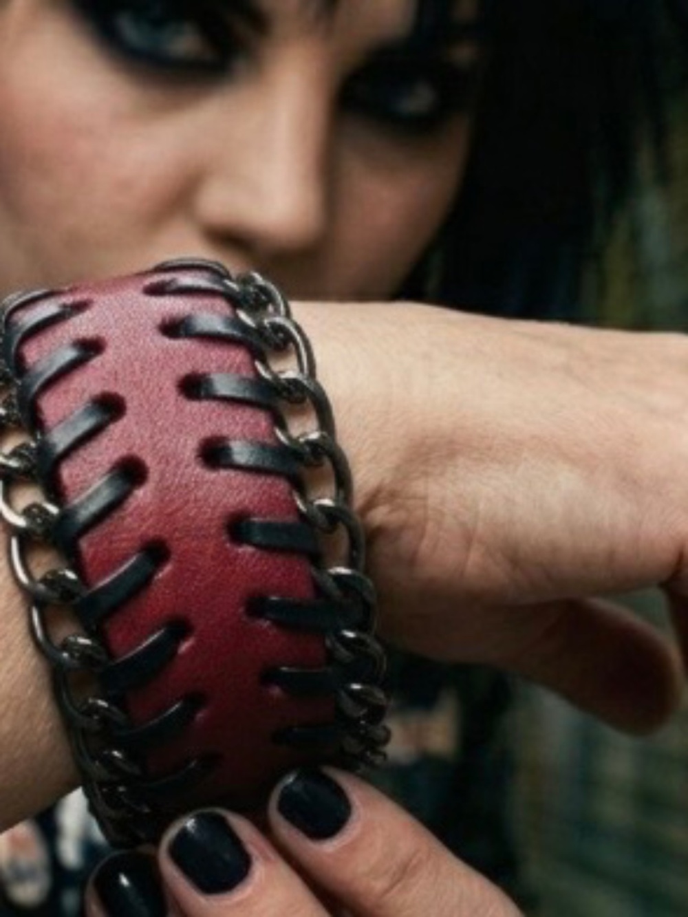 Edgy Goth Moto Rock Burgundy Genuine Leather Chain Cuff Bracelet Punk Rock